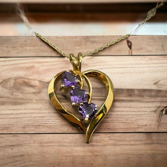 Jewelry - 10K Yellow Gold Amethyst Heart Pendant Necklace 18" Chain